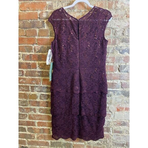 BLU SAGE Eggplant Purple Sequin Lace Layered Formal Cocktail Dress Shirt Sleeve - Picture 7 of 13